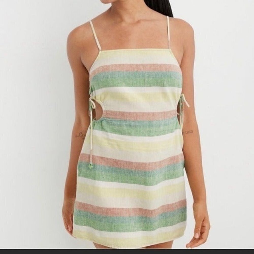 Aerie women cut out mini dress stripped colorful vacation linen y2k fairy boho